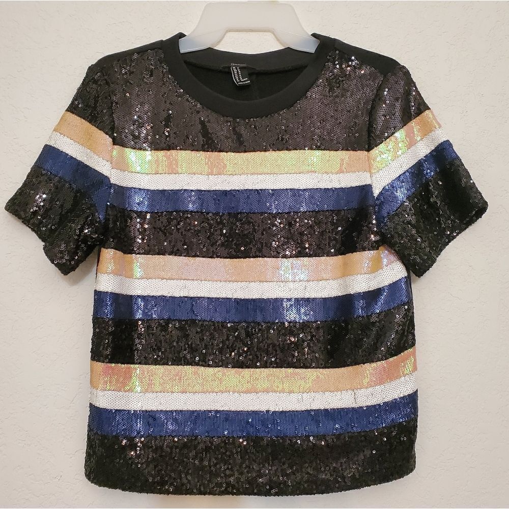 Forever 21 Striped Sequined Glam Boxy Night Out Festive Crew Neck Tee Shirt